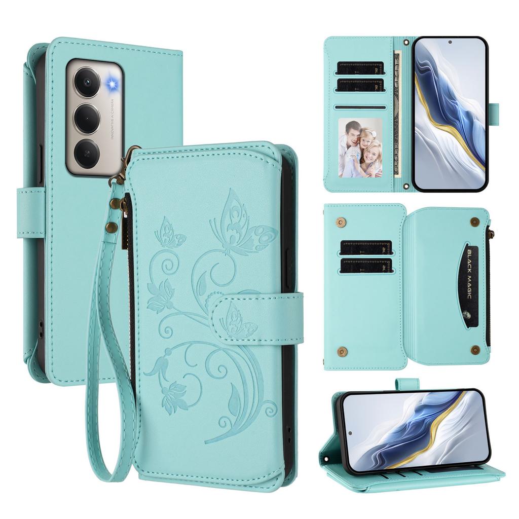 Для Xiaomi Redmi 15 4G (США) (171 мм) Кожаный чехол с цветочным тиснением в виде бабочки, кошелек на молнии, подставка, крышка с ремешком на запястье