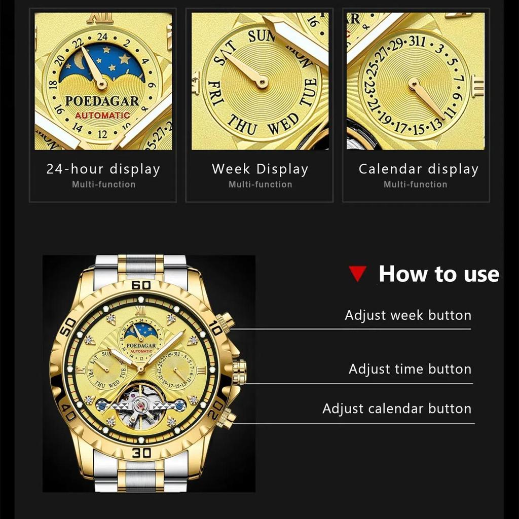 POEDAGAR Роскошные мужские золотые автоматические механические часы с фазой Луны и турбийоном наручные часы с автоматической датой и неделей из нержавеющей стали