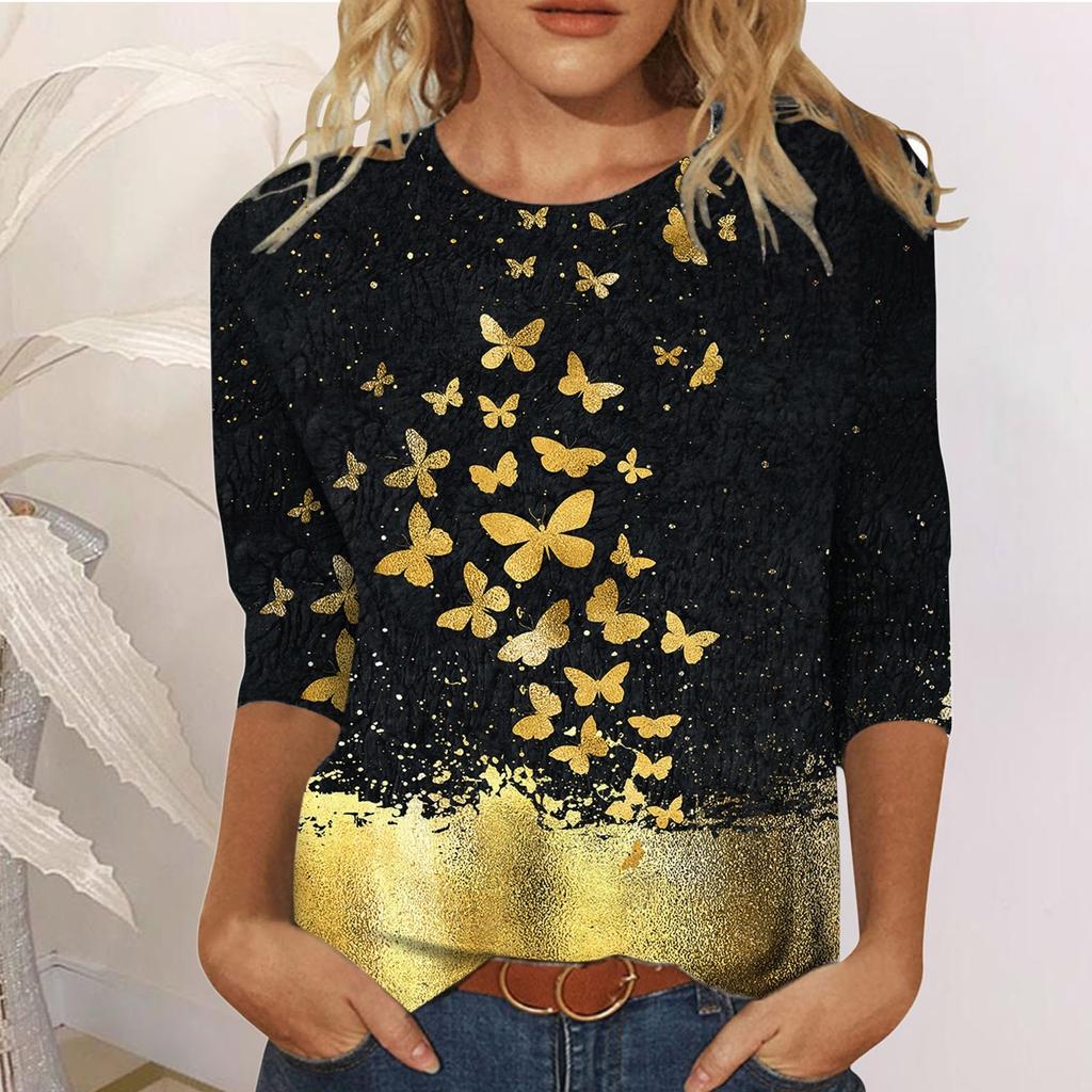 Летние рубашки для женщин с рукавом три четверти и принтом, пуловер с круглым вырезом, верхняя блузка