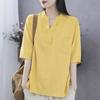 95% хлопок, летние хлопковые льняные топы в стиле ретро с v-образным вырезом, тонкая женская свободная блузка с короткими рукавами, белый, желтый, темно-синий