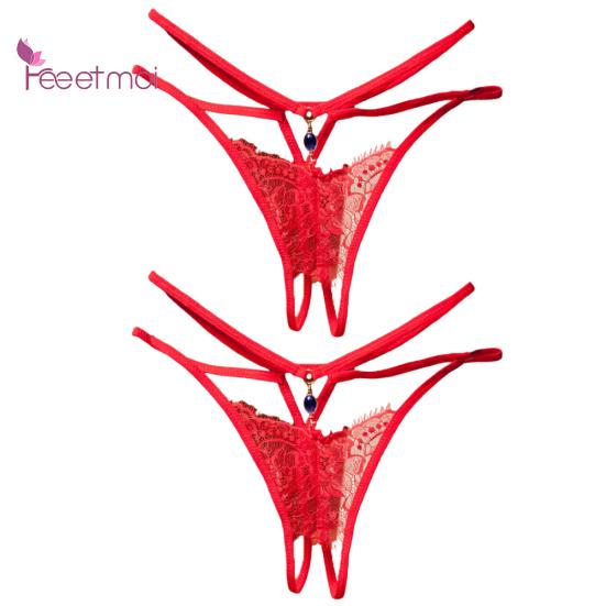 2 шт., эротические стринги для женщин, кружевное нижнее белье с открытой промежностью и открытой промежностью