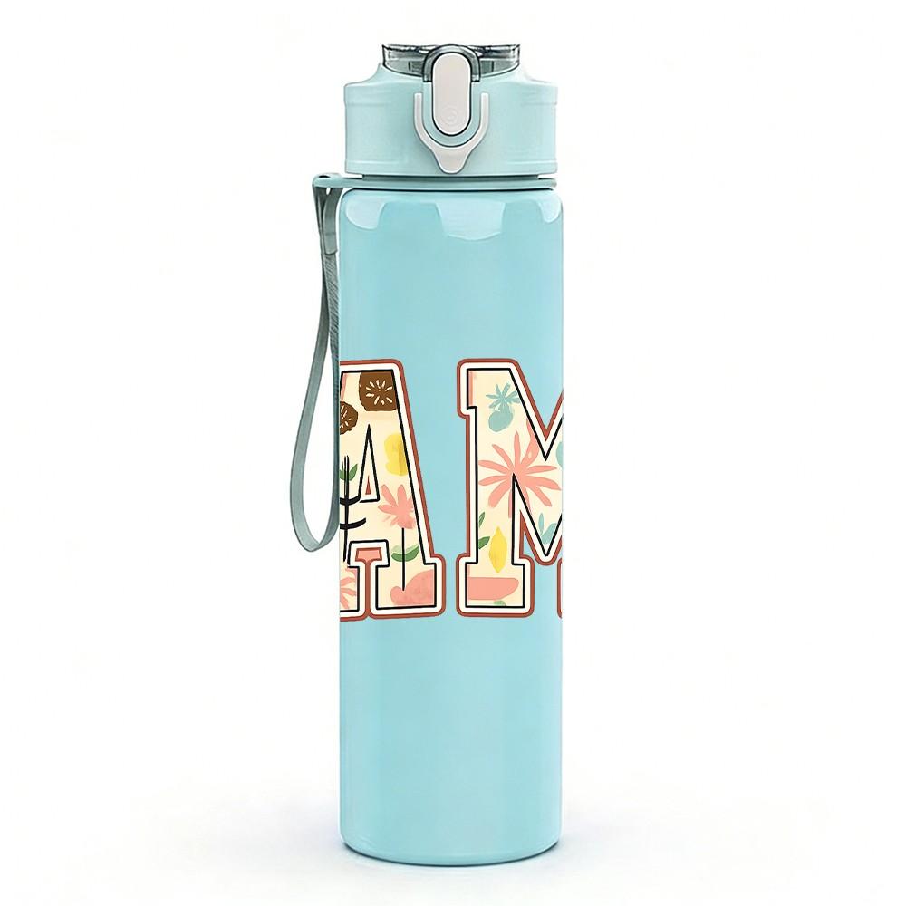 1PC MAMA Floral Letter Art 750ml Color Plastic Sports Water Bottle Leakproof Flip Straw Lid Suitable for Sports Office Home Use