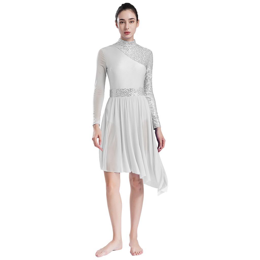 Women Sparkly Sequins Modern Lyrical Dance Dress Long Sleeve Irregular Hem Dresses Performance Costume