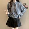 Women's Fake Two-piece Blue Striped Shirts Long-sleeve Lapel Single Breaste Short Top Loose Vintage Style Female's Shirt