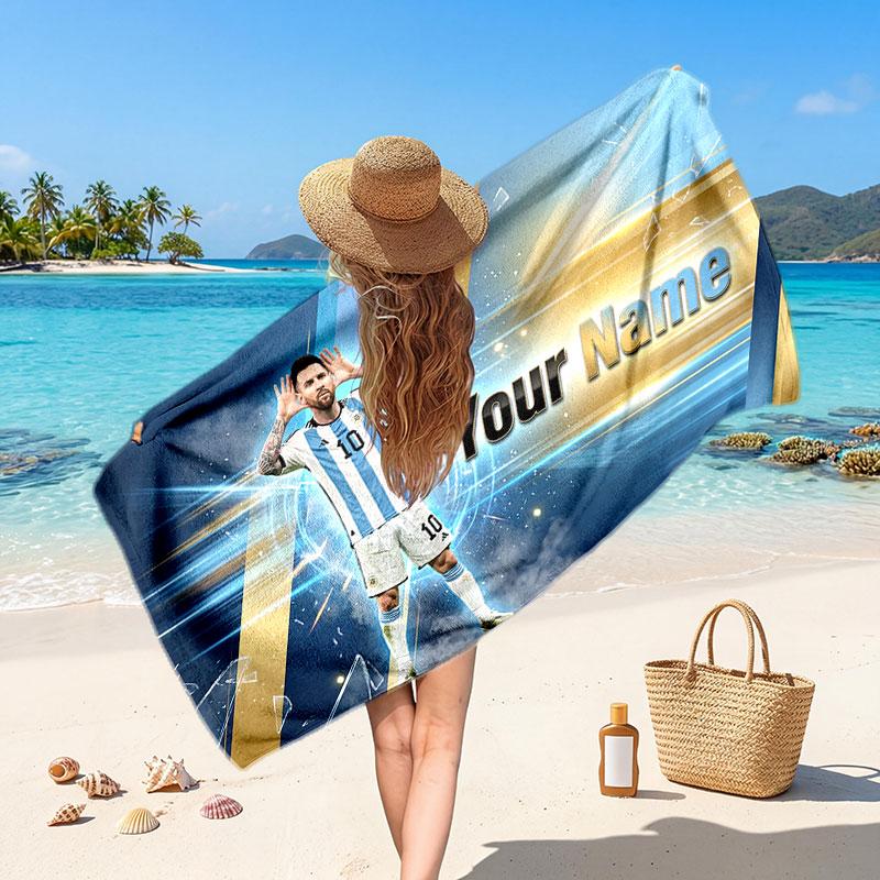 Lionel Messi Custom Beach Towel, Personalized Name Text Print, Football Logo Soft Quick‑Dry Towel Holiday Gift