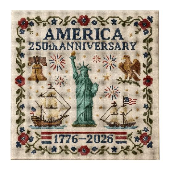 America Patriotic Cross Stitch US 250th Anniversary Cross Stitch Kit Beginner-Friendly Commemorative DIY Embroidery Gifts for Veterans Military Fans
