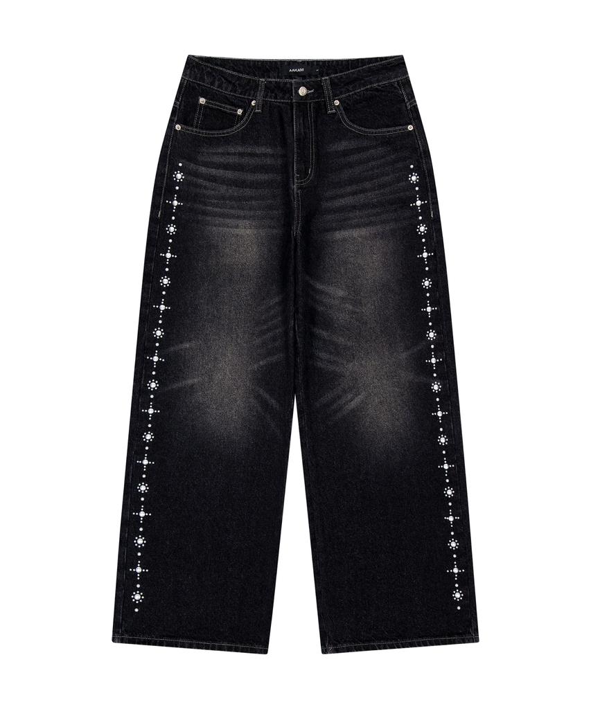 AAKAM Side Rhinestone Denim Pants (Black)