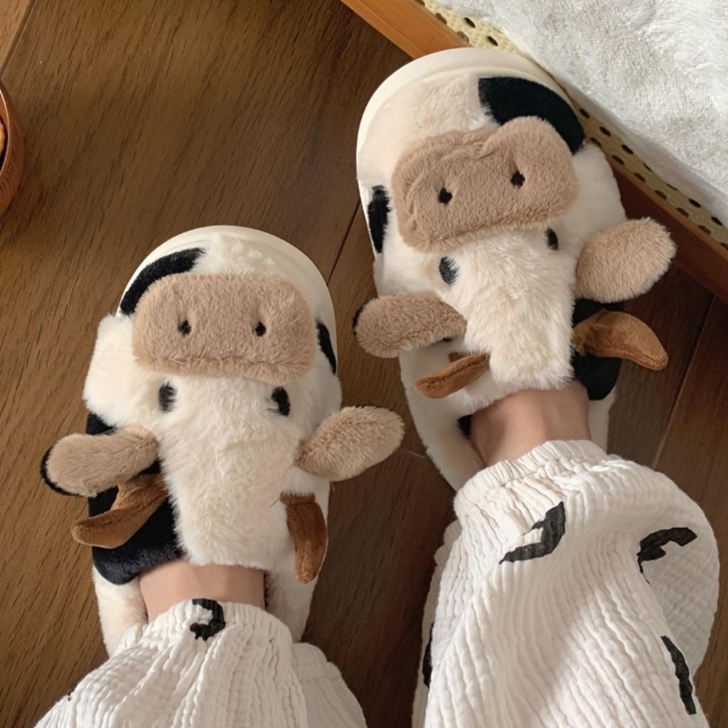 Cute Cow Slippers, Women's and Men's Plush Slippers, Winter Plush Thick Soled Slippers, Indoor Kawaii Shoes, Cartoon Style, Fabric Upper and Insole