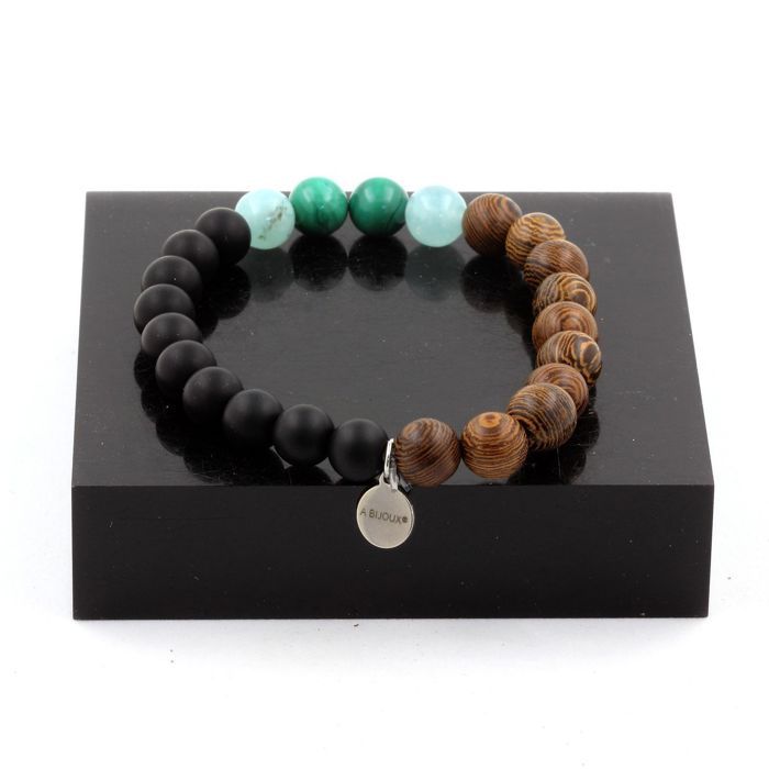 Stones and Minerals. Bracelet Malachite Beads from Congo + Angelite + Matte Black Onyx + Wood 8 Made In France.