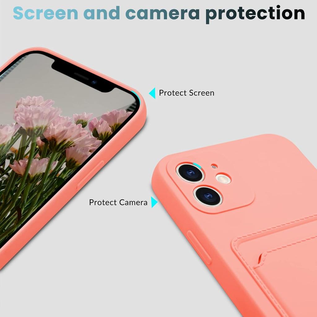 Silicone Phone Case with Card Holder & Camera Lens Protection (for iPhone 12 6.1 Inch) - Pink