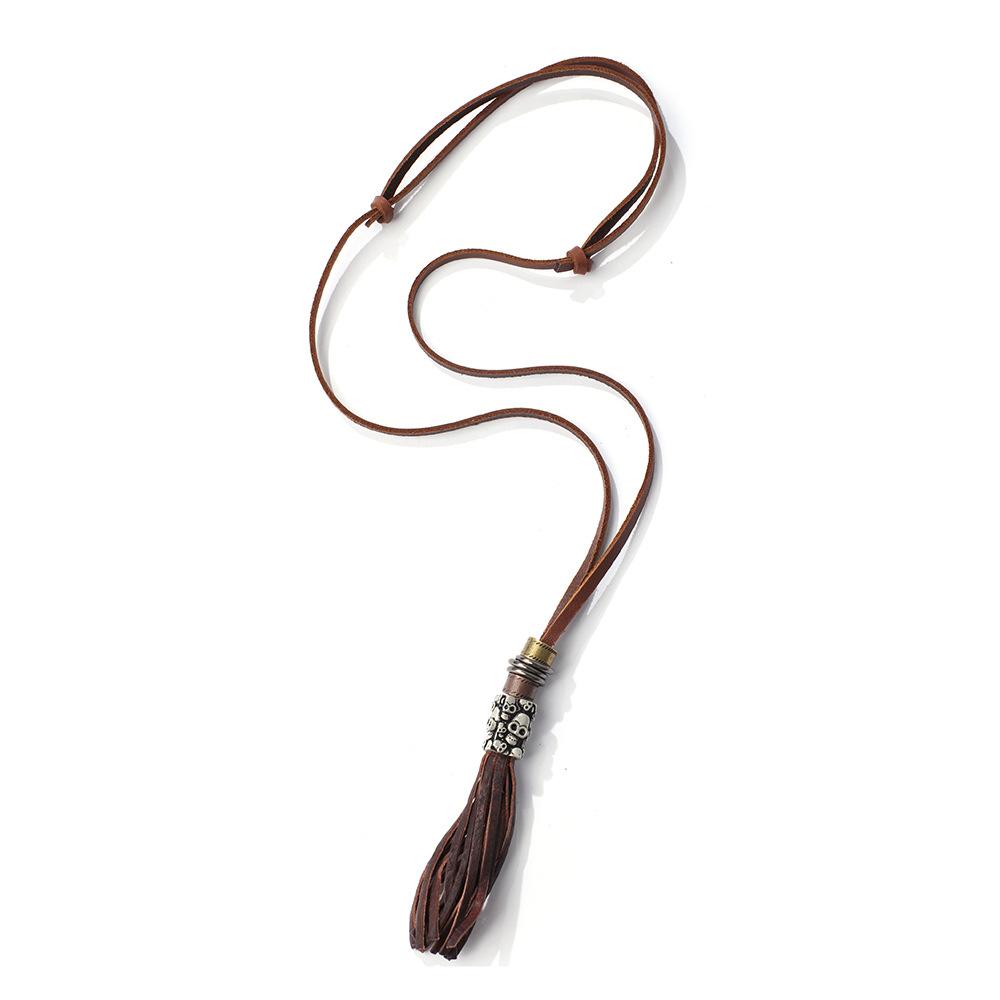 JMXD Vintage Leather Fringe Skull Multi-Strand Long Necklace Punk Rock Statement Charm Fashion Accessory Unisex