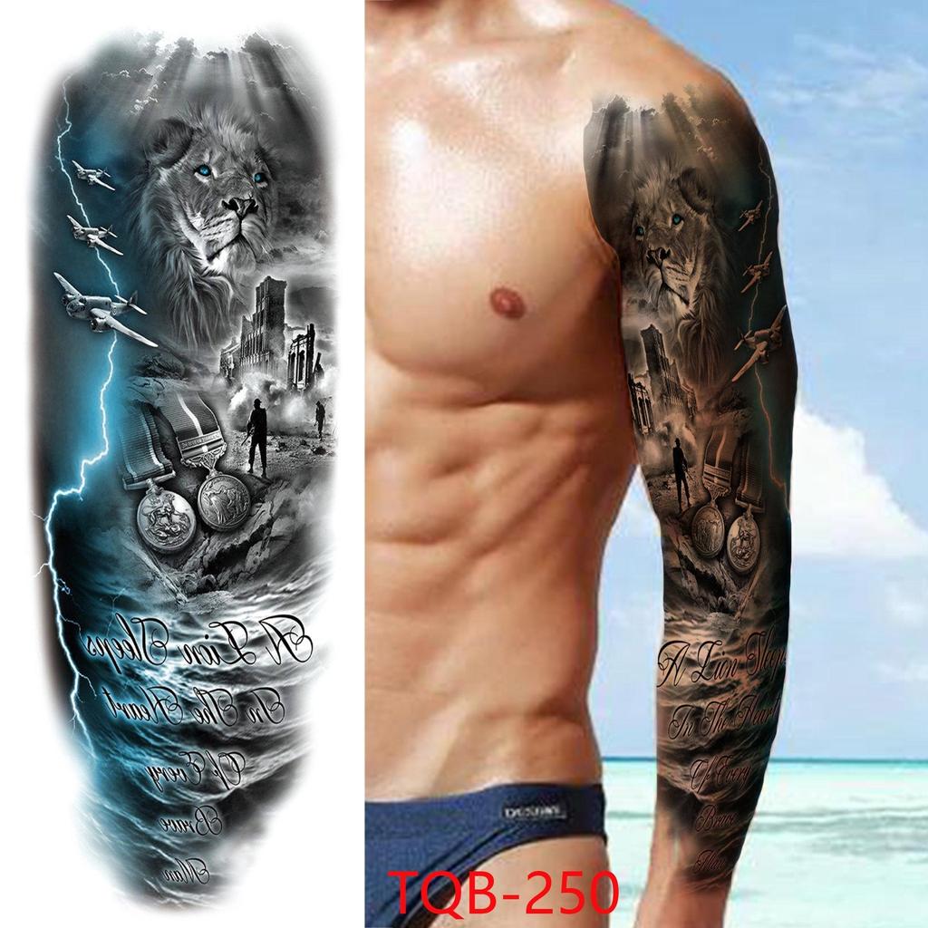 New 1 PC 480*170MM Super Large Compass Wolf Head Eye Fake Lion God Feather Temporary Tattoo Sleeves For Men Women Tattoo Full Arm Tattoo Sticker