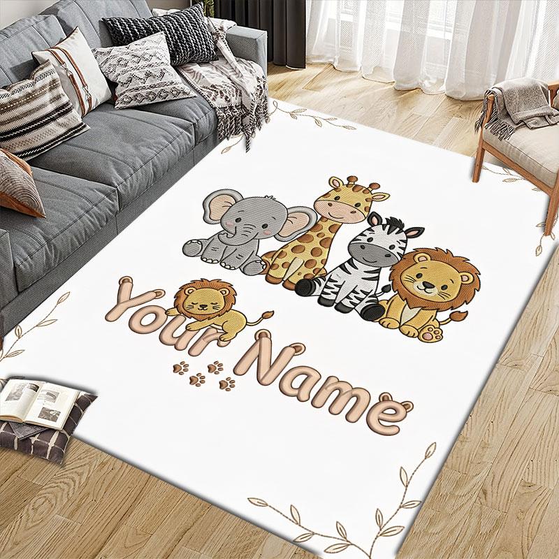 Custom Name,Cute Safari Animal Series Home Sofa Decoration for Living Room & Bedroom, Non‑Slip Play Flannel Floor Mat for Game Room