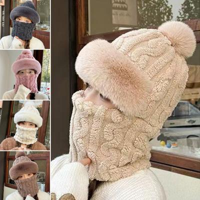 Шапка-пуловер 3-в-1 Вязаная шапка Однотонная Плюшевый помпон Декор Подкладка из флиса Шарф Маска для лица Шапка Головной убор Аксессуары для холодной погоды