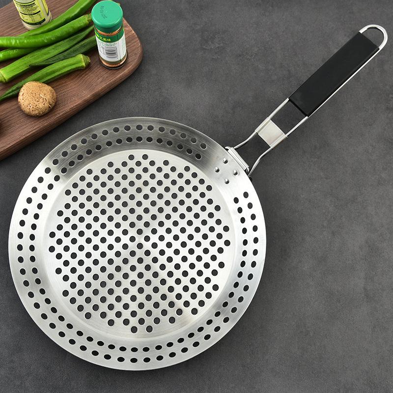 Stainless Steel BBQ Grill Pan , Round Perforated Grilling Basket with Handle, Outdoor Grill Topper for Vegetables, Meat, Pizza