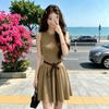 Elegant Sleeveless Round Neck Knit A-Line Midi Dress Women Slim Fit Pleated Short Skirt Lightweight Casual Office Wear