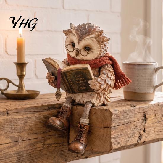 Farmhouse Style Animal Ornaments Reading Owl Figurine, Creative Statue with Glasses Scarf Boots And Open Book, for Home Decor Sculpture