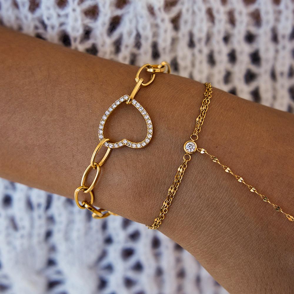 Dropshipping Luxury Minimalist Heart Zircon Hand Finger Chain Bracelet 18K Gold Plated Stainless Steel Adjustable Waterproof