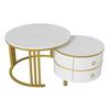 Rounded Edge Coffee Table with 2 Drawers Strong Load-bearing Spacious Desktop High-Gloss Marble Pattern Tea Table Living Room