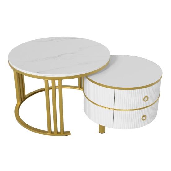 Rounded Edge Coffee Table with 2 Drawers Strong Load-bearing Spacious Desktop High-Gloss Marble Pattern Tea Table Living Room