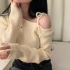 Elegant Off Shoulder Pullover Women Sweater 2025 Fashion Autumn Slant Shoulder Long Sleeve Knit Top Lace-up Solid Casual Korean Style Clothes