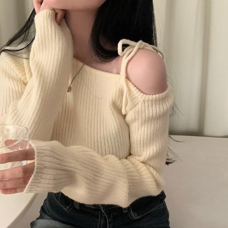Elegant Off Shoulder Pullover Women Sweater 2025 Fashion Autumn Slant Shoulder Long Sleeve Knit Top Lace-up Solid Casual Korean Style Clothes