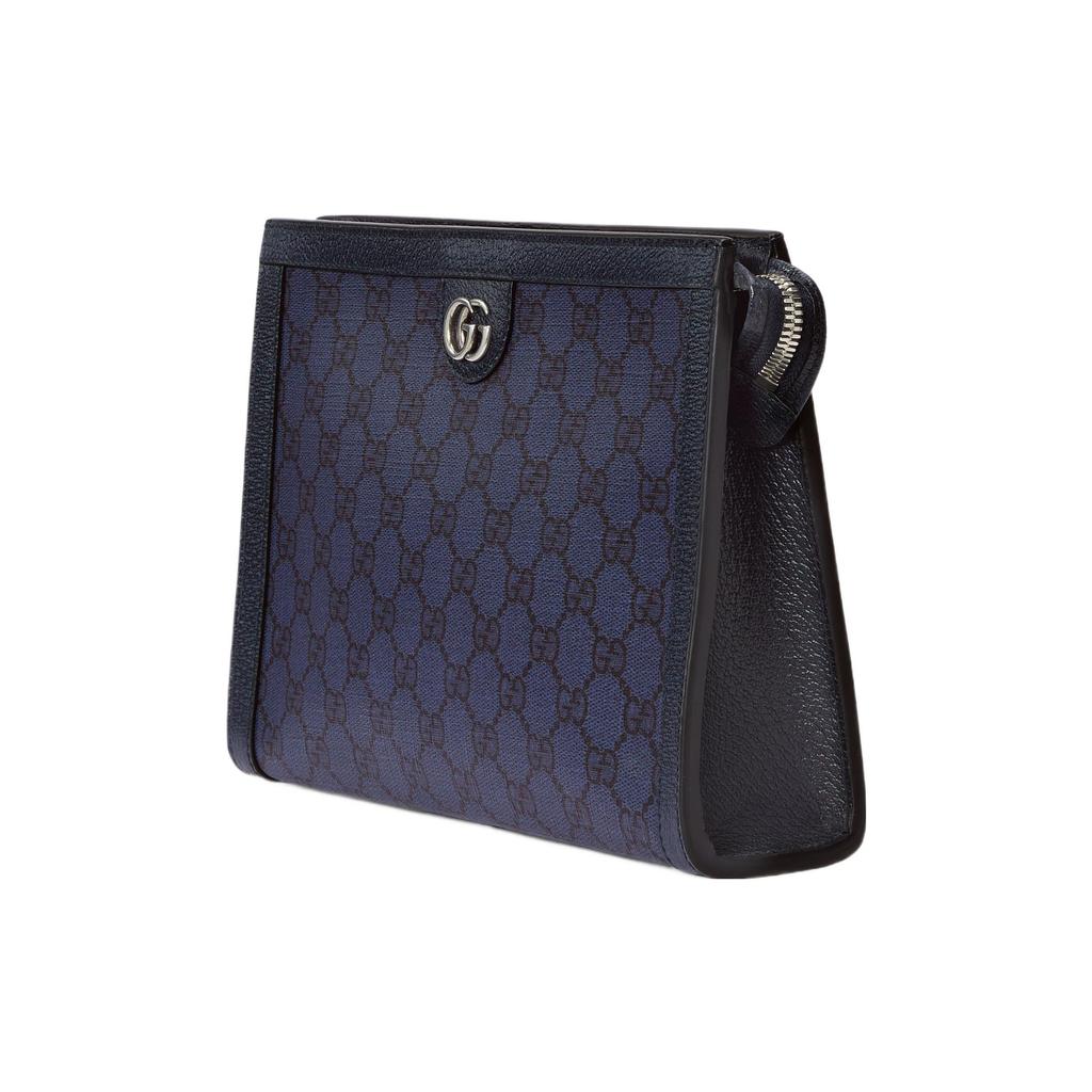 Gucci GG Monogram Canvas Leather Trim Zip Pouch Wristlet Clutch In Blue For Unisex Daily Use