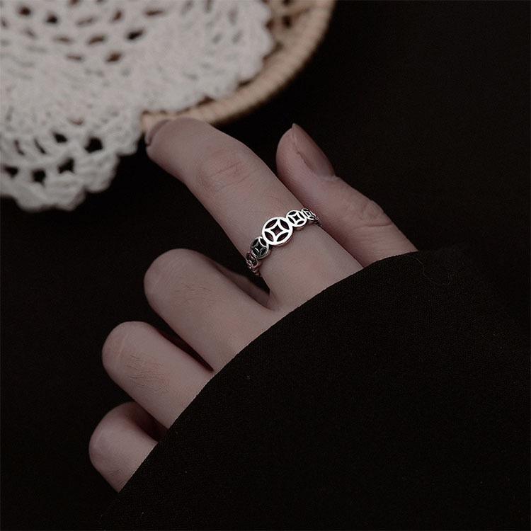 Кольцо открытое из стерлингового серебра 925 пробы, ретро, в виде медной монеты - в японском/корейском стиле, пять благословений, оксидированное покрытие