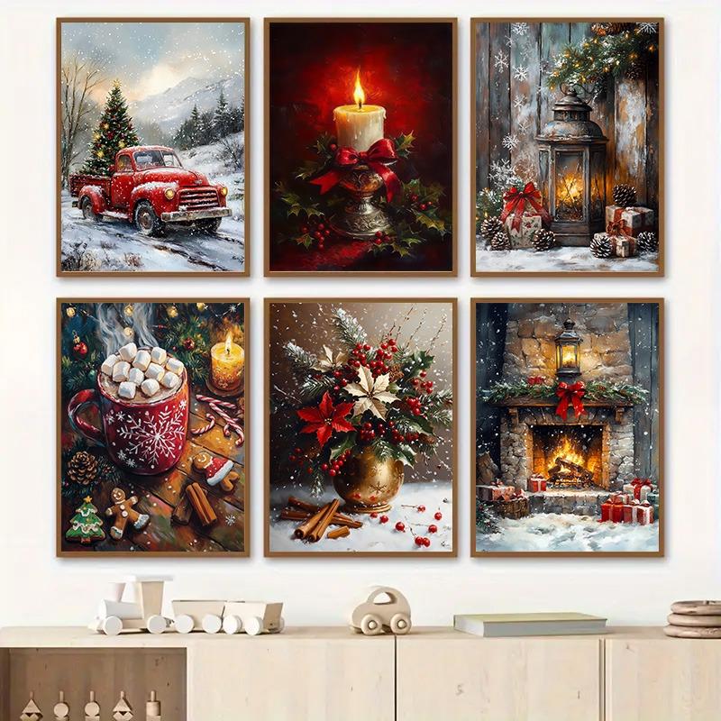 Vintage Red Christmas Tree Truck Candle Decorative Posters Merry Christmas Canvas Painting Living Room Wall Art Holiday Decor