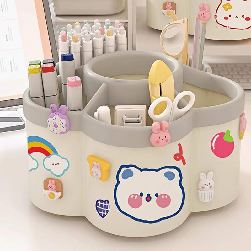 Cartoon Rotating Pen Holder 360° Rotation Non-slip Base Large Capacity Desk Organizer for Student School Stationery Storage