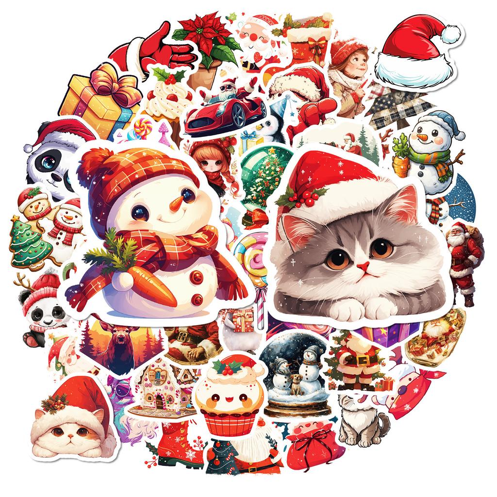 50 Christmas Cartoons Animal Graffiti Stickers Party Decorations Holiday Celebrations Cat Snowman Cute Wind Stickers