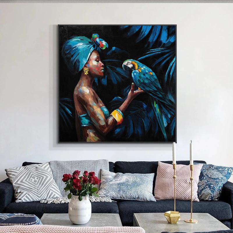 Современная африканская женщина, играющая в попугая, холст, картины, постеры и принты, настенные художественные картинки для украшения стен гостиной, Cuadros