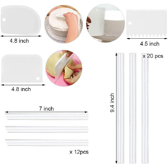 20 Plastic White Cake Sticks Dowel Rods, 4 Cake Dividers for 4, 6, 8, 10 Inch Cakes, 12 Clear Stacking Dowels, Different Patterns Cake Scrapers for