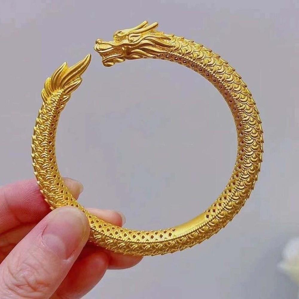 Wide Open Chinese Style Golden Bangle Zinc Zinc Alloy Bride Wrist Jewelry Dragon and Phoenix Bracelets Women