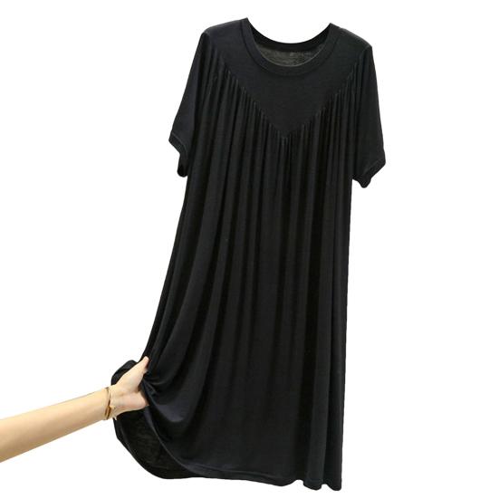 Женское летнее платье, плиссированное сплошное цветное платье с круглым вырезом и короткими рукавами, тонкий свободный пуловер длиной до колена, повседневная повседневная одежда, женское платье миди