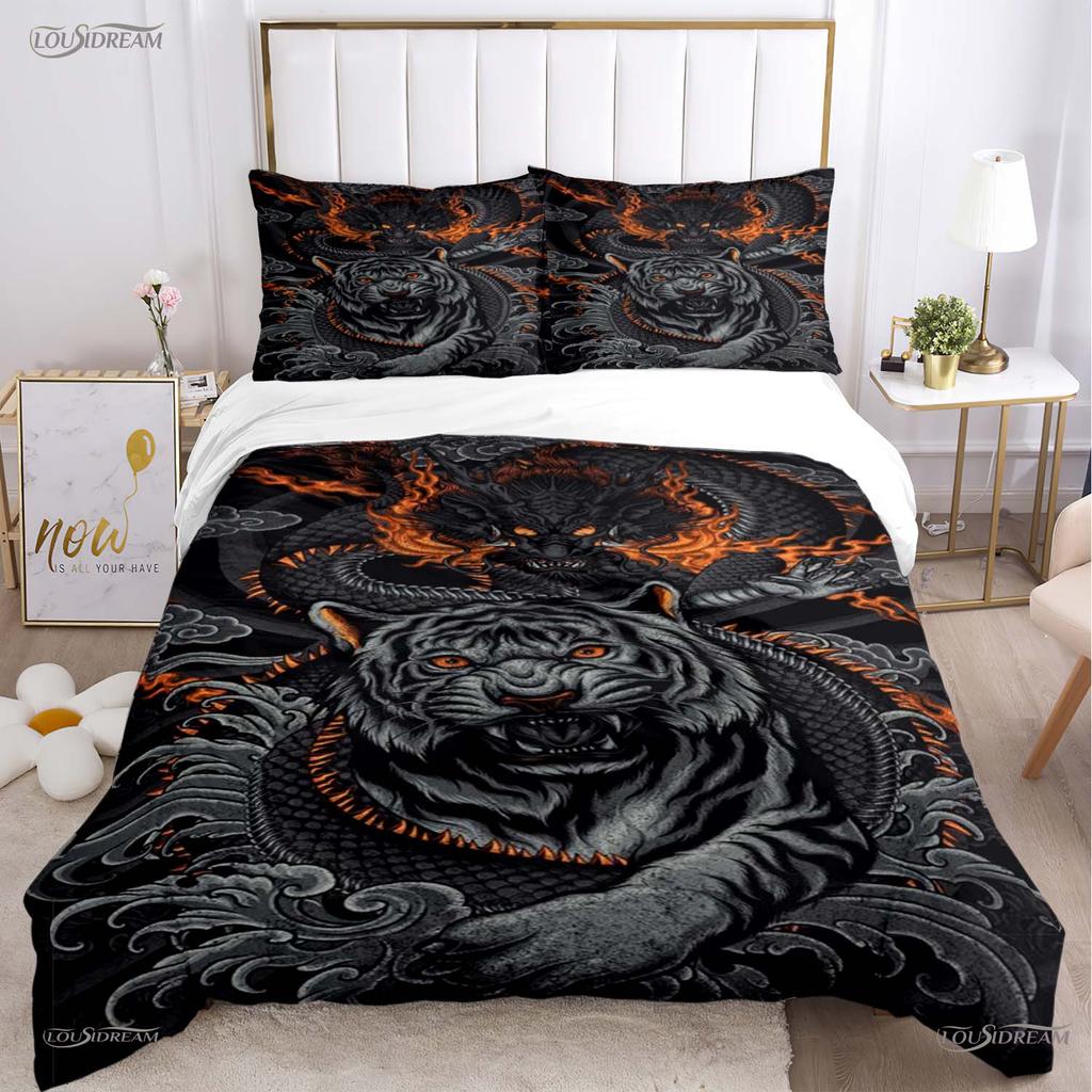 Fashion Dragon and Tiger Battle All Season Duvet Cover Bedding Sets Soft Quilt Cover and Pillowcases Single/Double/Queen/King