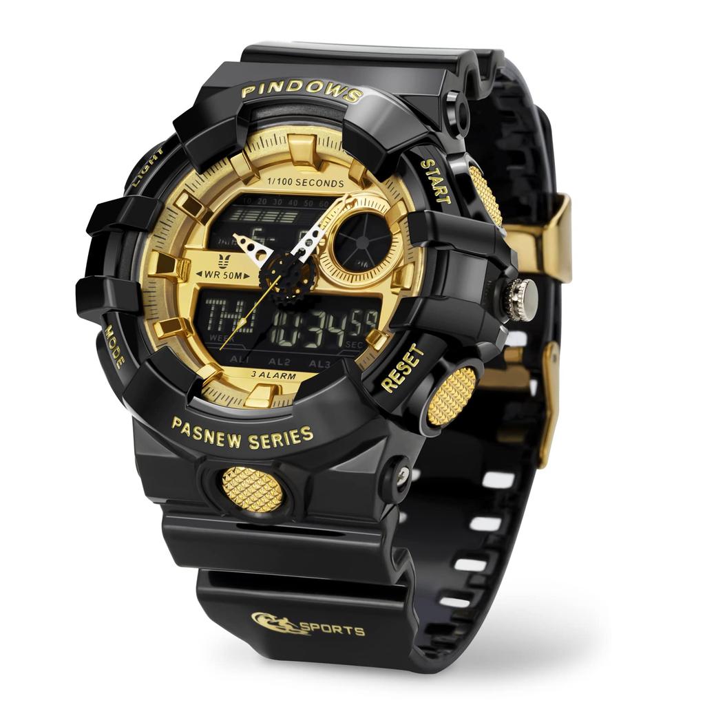 PINDOWS Military Watch Outdoor Sports Electronic Date Multifunction LED Alarm 50 Meter Water Resistant Analog Digital Display Watch Men's Watch, Men's