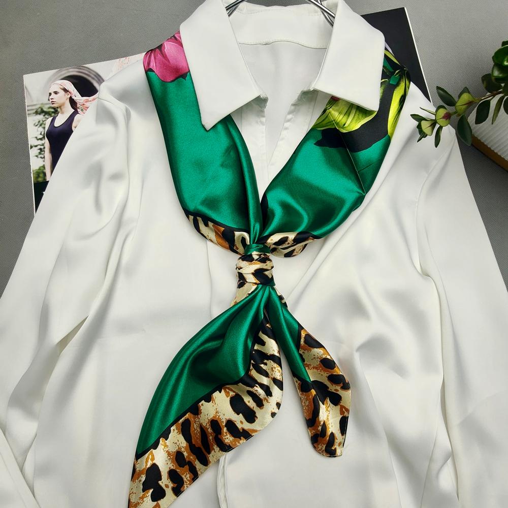 Women's Green Silk Scarf Head Wrap Spring Autumn Chinese Style Peony Floral Fashion Leopard Print Square Scarves Shawl For Winte