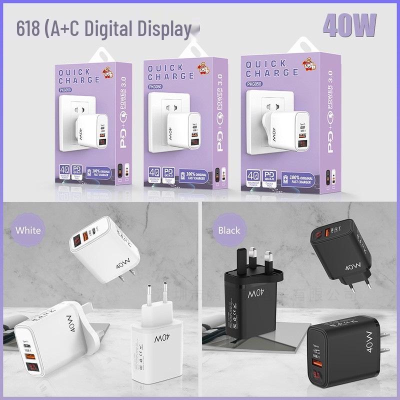 Зарядное устройство 20 Вт с цифровым дисплеем PD+USB | Быстрая зарядка QC 3.0 | Штекер EU/US/UK