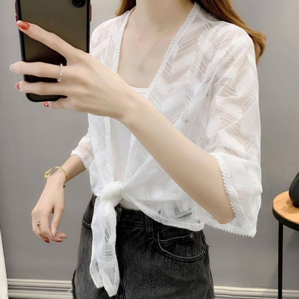 Ажурный шифоновый кардиган, солнцезащитная куртка для лета в паре с кружевной тонкой верхней одеждой, женская шаль