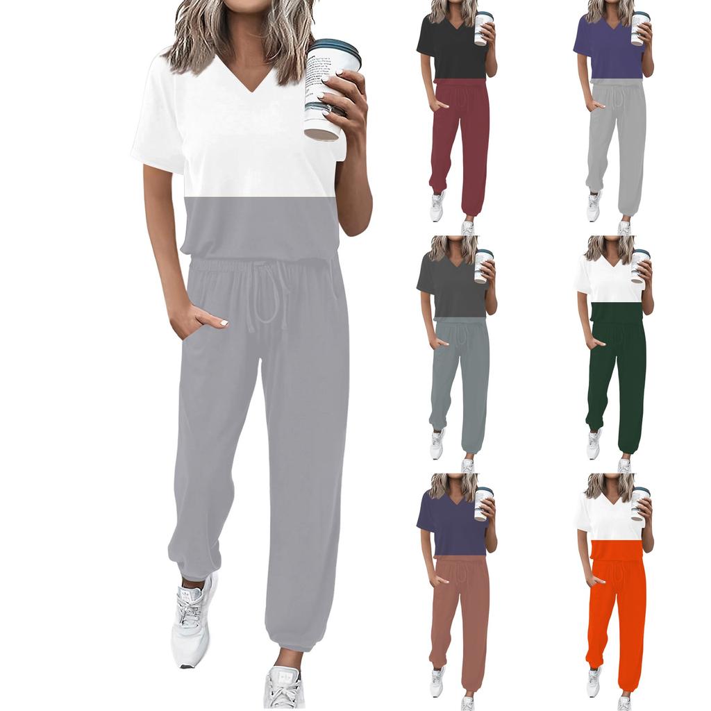 Женский спортивный костюм с V-образным вырезом и коротким рукавом, свободные брюки