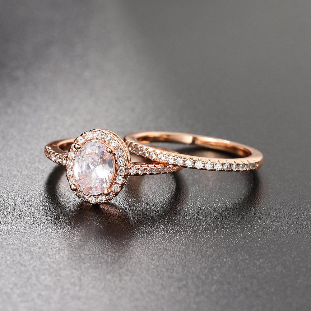Wedding Engagement Ring Set for Women AAA+ Cubic Zirconia Crystal Rings Rose Gold Color Marriage Bride Accessories Jewelry SR077