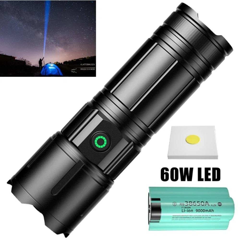 60w Super Bright 200m High Power LED Flashlight Torch Type-c Rechargeable Powerful Outdoor Self Defense Handlamp Camping Lantern