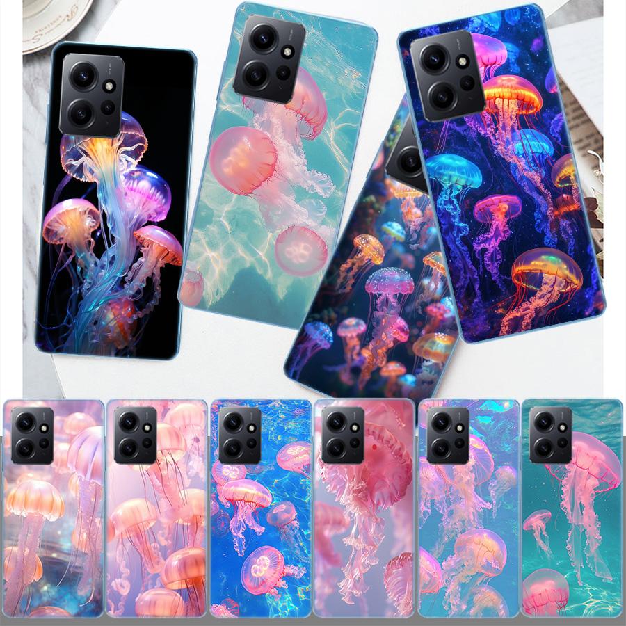 Enchanting Neon Jellyfish Phone Case For Redmi 12 13C 12C 15C 9 10 10C Note 13 Pro Plus 14 15 Pro 9T 9C 9A TPU Soft Cover Clear