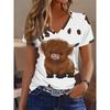 Women'S Casual V-Neck T-Shirt 3D Highland Cow Print Short Sleeve Breathable Polyester Design Casual Top
