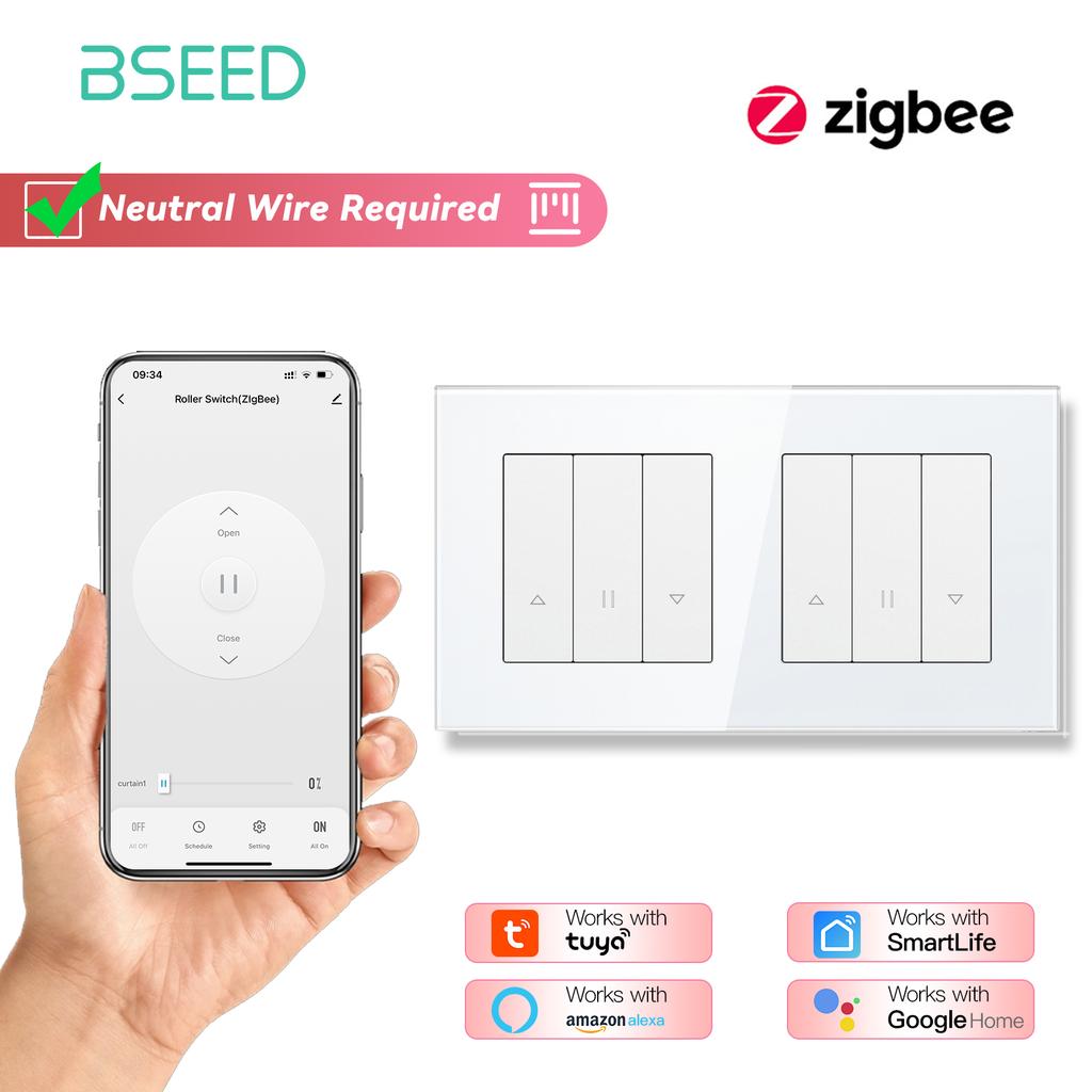 BSEED Zigbee Shutter Switch Series Wall Smart Click Switches Yellow Backlight Glass Frame Tuya APP Roller Switch EU Wall Sockets