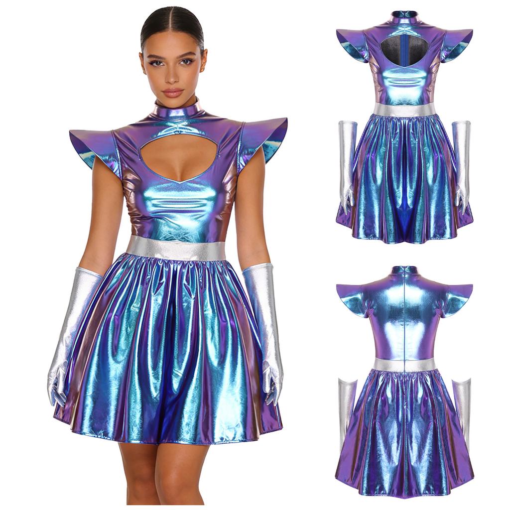S-3XL Женский костюм для косплея инопланетянки, Металлическое блестящее платье, Вырез на шее и структурированные наплечники с перчатками для вечеринки в космической тематике