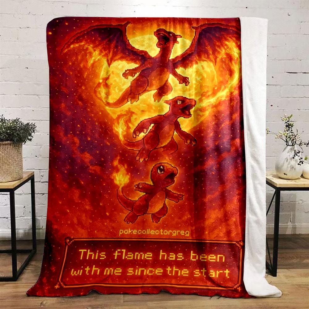 Fiery evolution sequence of Charmander to Charizard against molten flames. for all seasons blanket lunch break throw gift