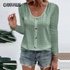 Spring and Autumn Women's Blouse Solid Color Jacquard V-Neck Button Long Sleeve Tops