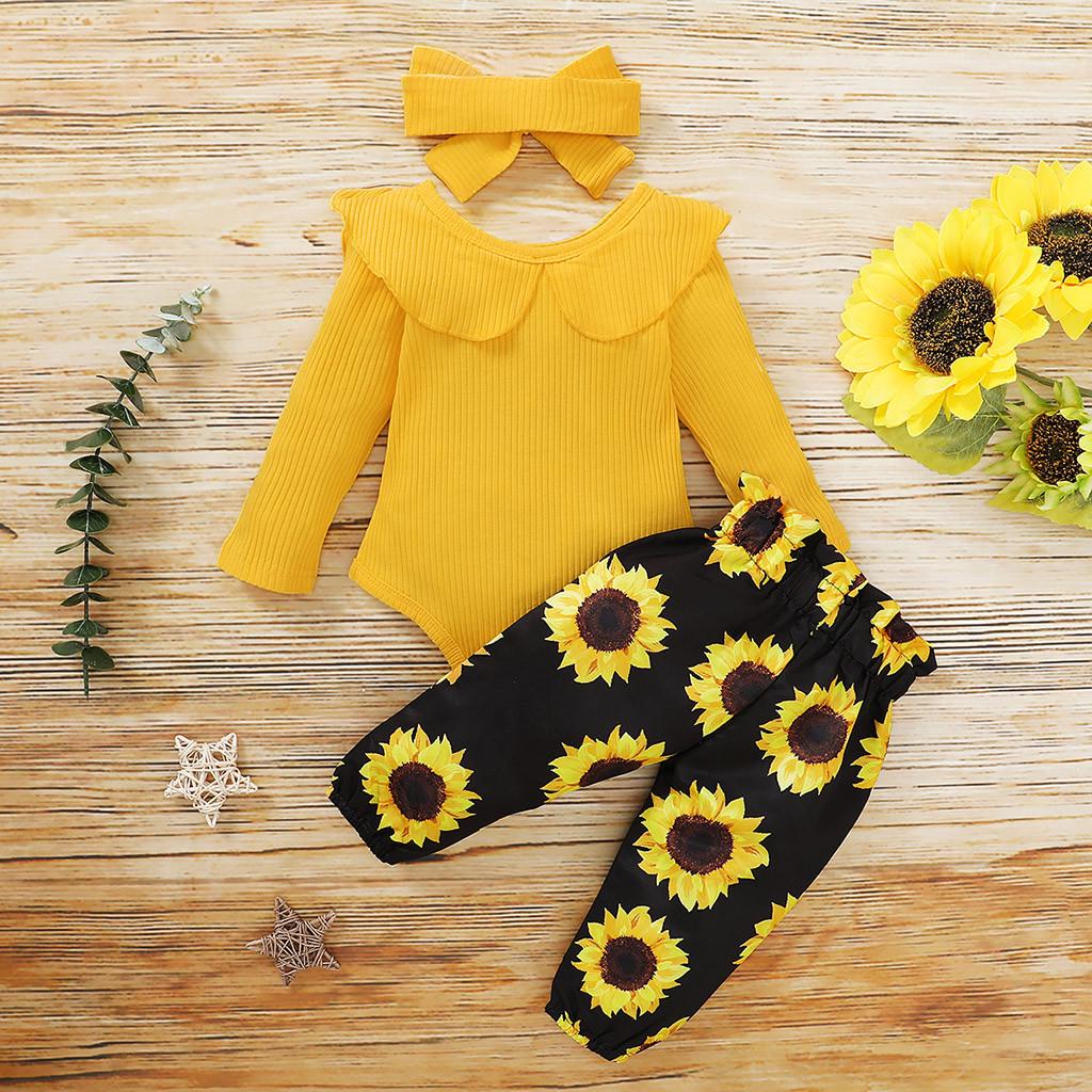 Toddler Baby Girls Long Sleeve Ruffles Romper Bodysuit+Floral Pants Outfits